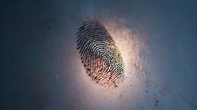 Fingerprint impression in dust on surface, forensic evidence trace and identity investigation concept