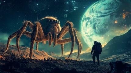Fototapeta premium Encounter on a distant planet with a giant spider looming over an astronaut