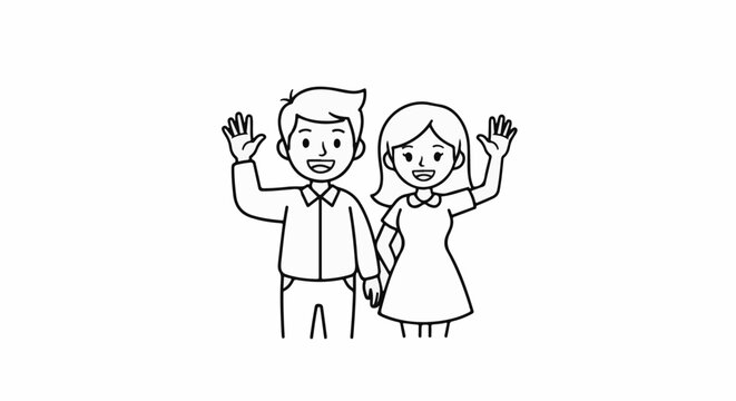 Two smiling figures, a man and woman, wave hello, drawn in simple black outline