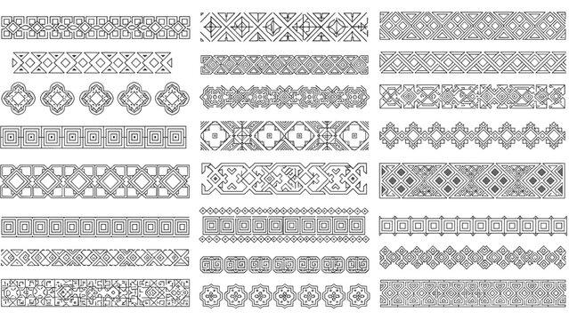 Set of intricate geometric and tribal border patterns in black and white featuring complex ethnic motifs for decorative frames and trims.