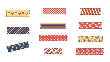 Fototapeta premium Set of decorative washi tape strips with various patterns including hearts stripes flowers and polka dots in a warm vintage color palette.