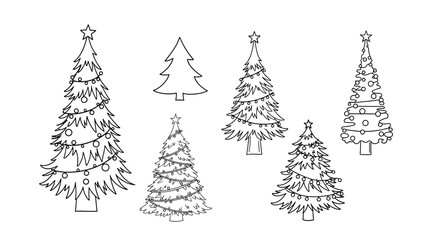 Obraz premium Collection of hand drawn Christmas tree sketches featuring various styles and decorations like stars and light strings for holiday cards.