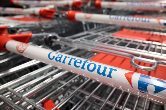 Shopping carts for shopping, carrefour. Poznań, Poland March 30, 2026.
