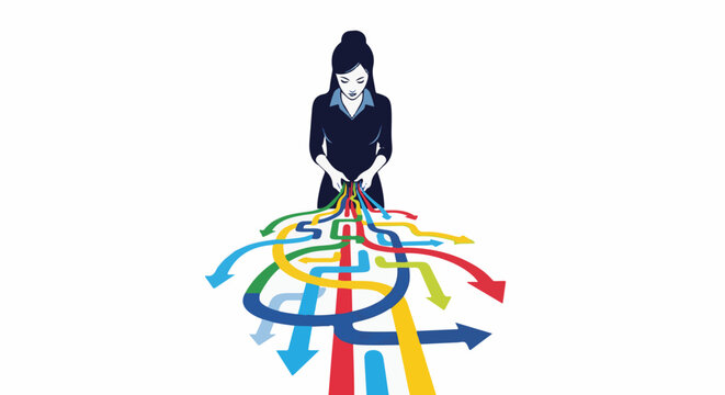 Woman holding multiple colored arrows pointing in different directions