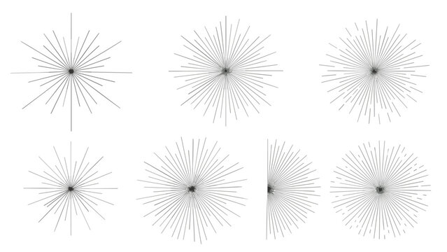 Set of six circular starburst and explosion graphics in black and white with varying line density and center detail.