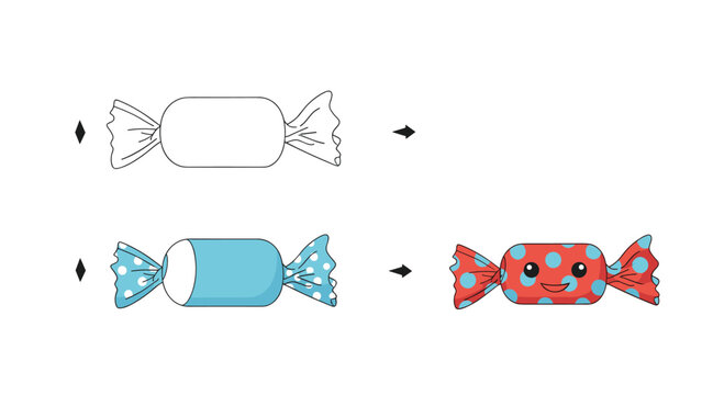 Easy step by step drawing guide for a cute wrapped candy character with a smiley face and blue polka dots on a red wrapper design.