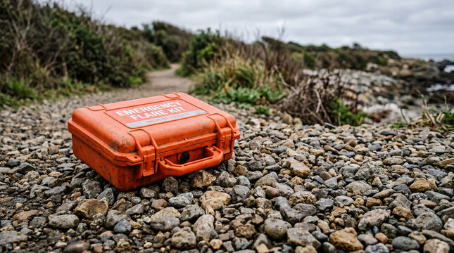 Bright orange waterproof emergency flare kit case rests securely on a rough, rocky coastal path outdoors