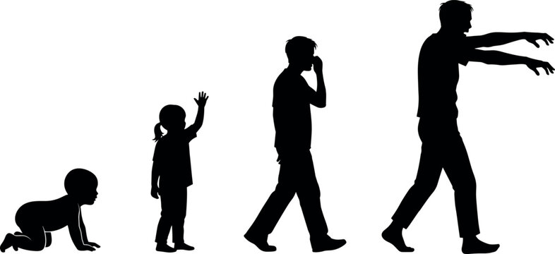 Evolution of Man Silhouette From Crawling Baby to Walking Toddler then Young Adult and Finally Transforming Into a Scary Zombie