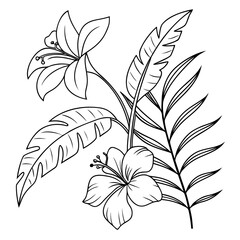 Tropical floral arrangement with hibiscus flowers lily and palm leaves in elegant black and white line art for coloring books or decorative prints © naz