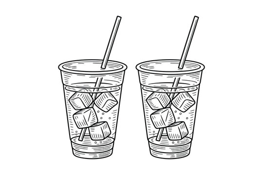 A detailed line art illustration depicts two glasses of iced beverages with straws perfect for summery designs on transparent background high-quality professional.