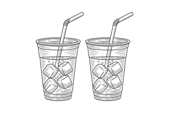 A detailed sketch showcases two plastic cups filled with iced beverages each featuring a straw on transparent background high-quality professional modern elegant.