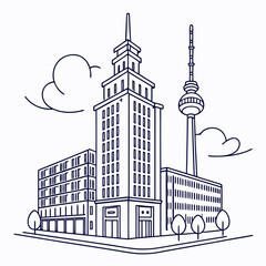 Obraz premium Iconic cityscape skyline buildings and television tower modern architecture outline drawing for urban travel and city concepts