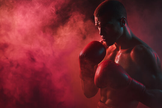 Boxer prepares for match in dramatic lighting and smoke