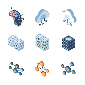 Artificial intelligence, cloud computing, and data servers isometric icons for technology and digital business concepts
