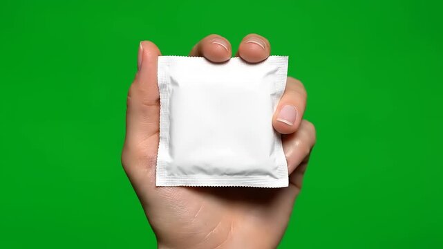 Hand Holding Small White Packet Against Green Screen Background.