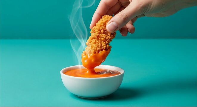 Hand dipping hot crispy chicken nugget into spicy orange sauce
