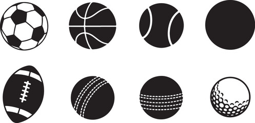 Fototapeta premium Sports ball icons, athletic symbols, black and white graphics, vector illustrations