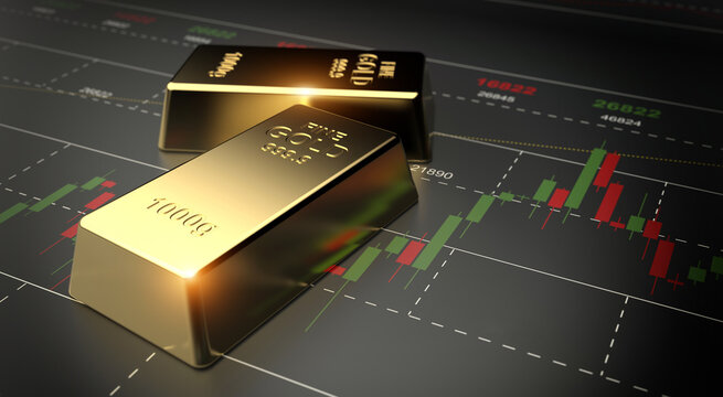 Gold bullion with financial chart, investment concept.