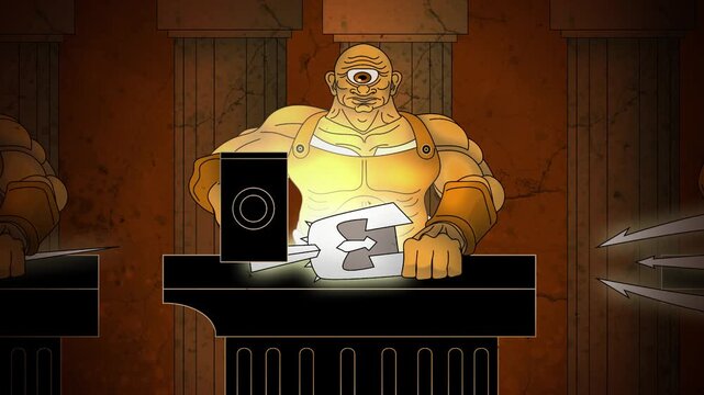 three elder cyclopes forging divine weapons, thunderbolt, trident and helm in mythological greek forge