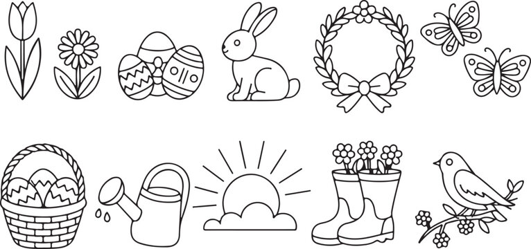 Minimalist household appliance line art icon set,Floral, Bunny, Egg Line Art Collection featuring refrigerator microwave washing machine stove vacuum cleaner and coffee maker