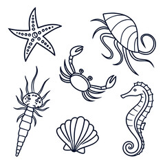 Collection of ocean dwellers including starfish, crab, jellyfish, and seahorse with tentacles, simple outline drawing for art and design © naz