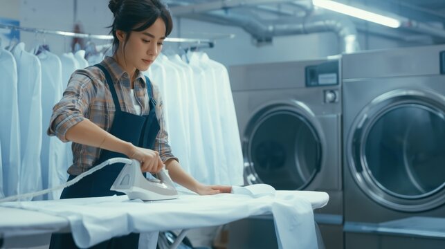 Laundry worker irons shirt in commercial cleaning facility for garment finishing task