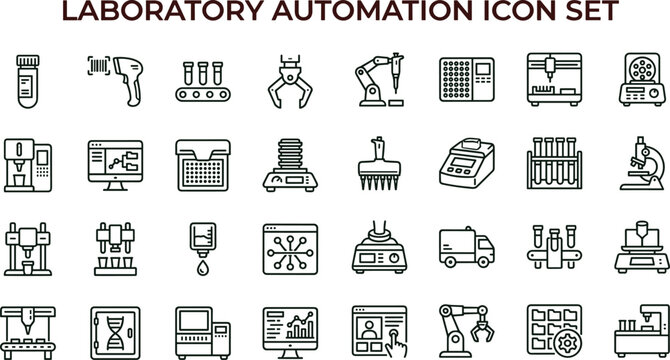 Laboratory automation line icon set for robotic diagnostics equipment research technology healthcare interface symbols vector industrial science applications