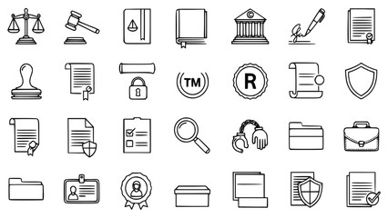 Fototapeta premium Various law and legal icons including scales, gavel, law book, contract, trademark, patent, and compliance symbols used for justice and legal concepts.