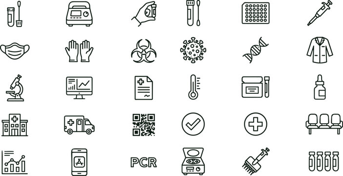 Diagnostic medical laboratory testing line icon set for healthcare PCR analysis infection screening interface symbols vector clinical applications