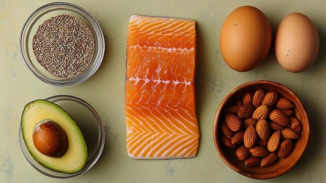Healthy food, salmon fillets, eggs, nuts, seeds, quinoa.