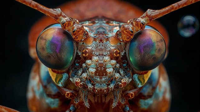 Macro portrait of a mantis shrimp face showcasing detailed compound eyes
