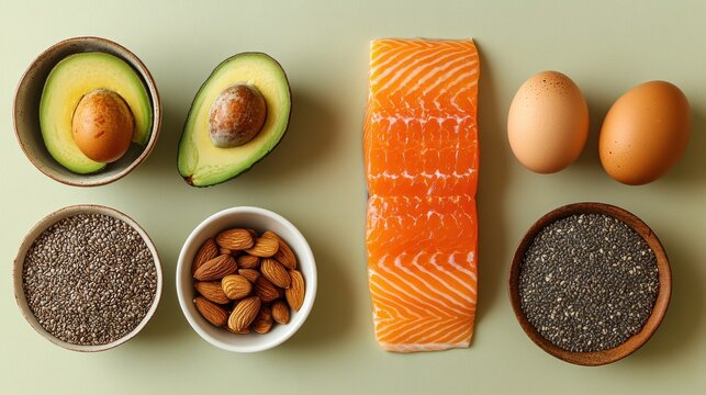 Healthy food, salmon fillets, eggs, nuts, seeds, quinoa.
