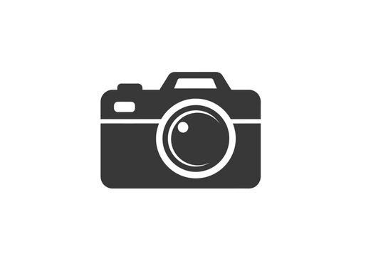A simple black and white icon of a digital camera
