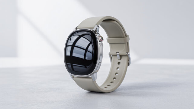 A sleek smartwatch with a white band and black face sits on a white surface