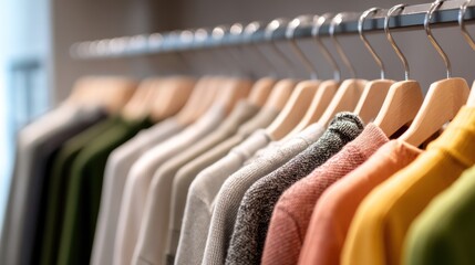 Obraz premium A row of clothing racks with neatly arranged seasonal clothing, including shirts, coats, and pants, in a modern boutique.