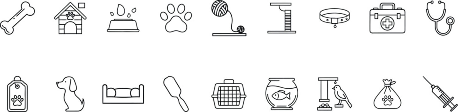 A collection of black and white line icons related to pets and veterinary care