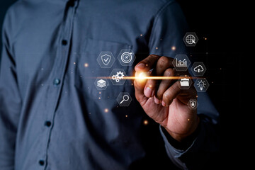 Businessman selecting candidate with checkmark icon among rejected profiles, representing recruitment process, talent acquisition, hiring decision, human resources management and employee