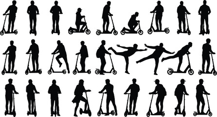Fototapeta premium Black Silhouettes of People Riding Electric Scooters in Various Poses and Actions Isolated on White Background for Urban Micro Mobility