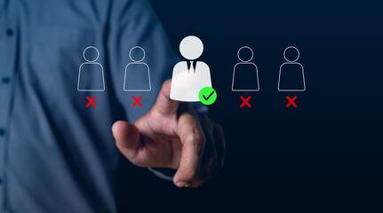 Businessman selecting candidate checkmark among rejected applicants, representing recruitment process, hiring decision, talent acquisition, human resources management and digital employee selection