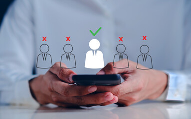 Businessman selecting candidate checkmark among rejected applicants, representing recruitment process, hiring decision, talent acquisition, human resources management and digital employee selection