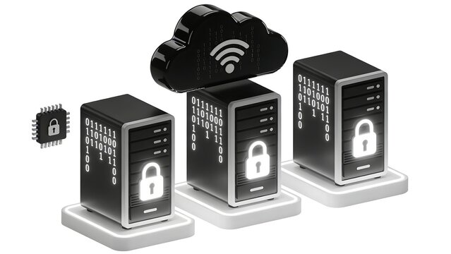 The concept of cloud data center security is illustrated by a black cloud icon floating above a dark server cabinet, displaying glowing binary code (0 and 1) on the side.