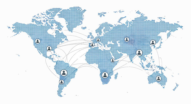 A minimalist illustration of a world map with various connections on a white background, representing global relationships on a given day.