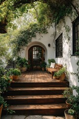 Obraz premium Wooden staircase leading to a charming patio entrance with lush greenery