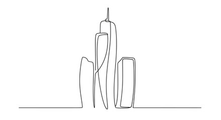 Naklejka premium Minimalist single line drawing of a modern skyscraper building on a white background.