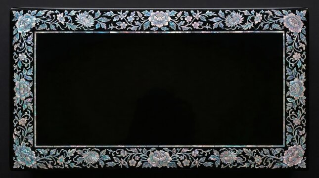 Traditional Korean Nacre Lacquerware Najeonchilgi Frame with Mother of Pearl Floral Inlay on Black Background