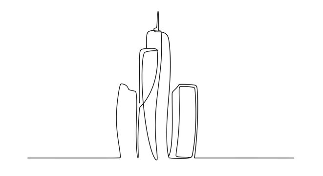 Minimalist single line drawing of a modern skyscraper building on a white background.