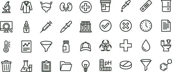 Urine test medical laboratory line icon set for healthcare diagnostics analysis interface symbols vector collection clinical applications © Md Abraham khan adil
