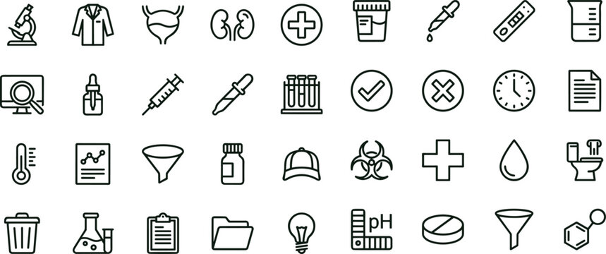 Urine test medical laboratory line icon set for healthcare diagnostics analysis interface symbols vector collection clinical applications