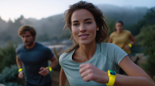 Outdoor fitness group doing partner resistance exercises in misty park at dawn, participants wearing matching challenge tracker bands on wrists, perfect for community wellness, and contemporary moti