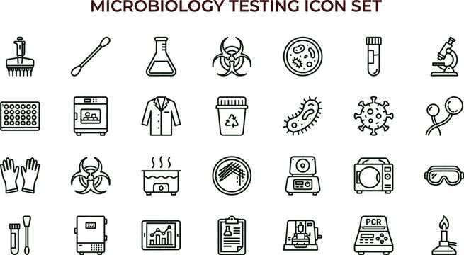 Microbiology testing laboratory line icon set for bacteria virus research diagnostics healthcare science interface vector collection educational applications